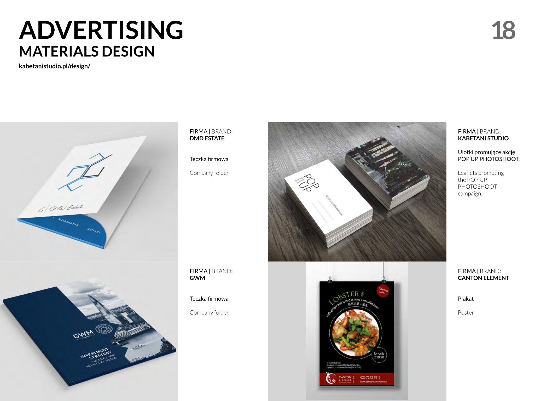 Zestaw materiałów reklamowych: teczki firmowe z różnymi projektami graficznymi oraz ulotki promocyjne i plakat restauracji z daniem z homara.