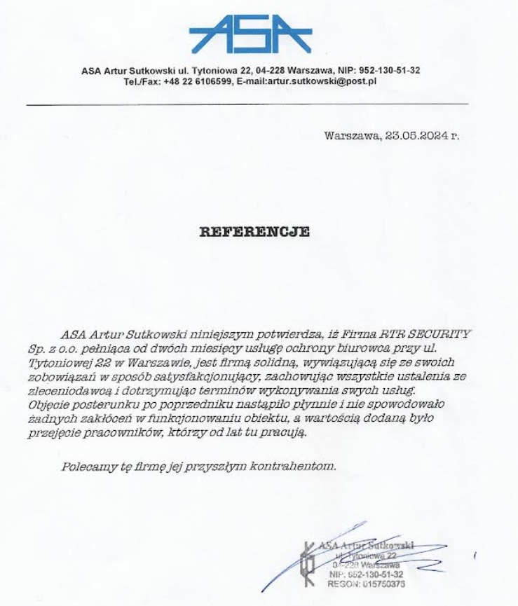 Skan dokumentu referencyjnego wystawionego przez firmę ASA Artur Sutkowski, potwierdzający solidność i satysfakcjonujące wykonywanie usług ochrony biurowca przez firmę RTR SECURITY, z datą 23.05.2024.