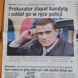 Kancelaria Adwokacka dr Paweł Łobacz - Artykuł prasowy z Gazety Olsztyńskiej z 12-13.04.2008, z nagłówkiem 'Prokurator złapał bandytę i oddał go w ręce policji' oraz portretem prokuratora Pawła Łobacza.