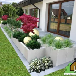 Wizualizacja rabaty przy nowoczesnym domu z podwyższonymi, betonowymi donicami, w których rosną różne gatunki roślin ozdobnych, w tym trawy, krzewy i drzewa o czerwonych liściach, dopełnione...