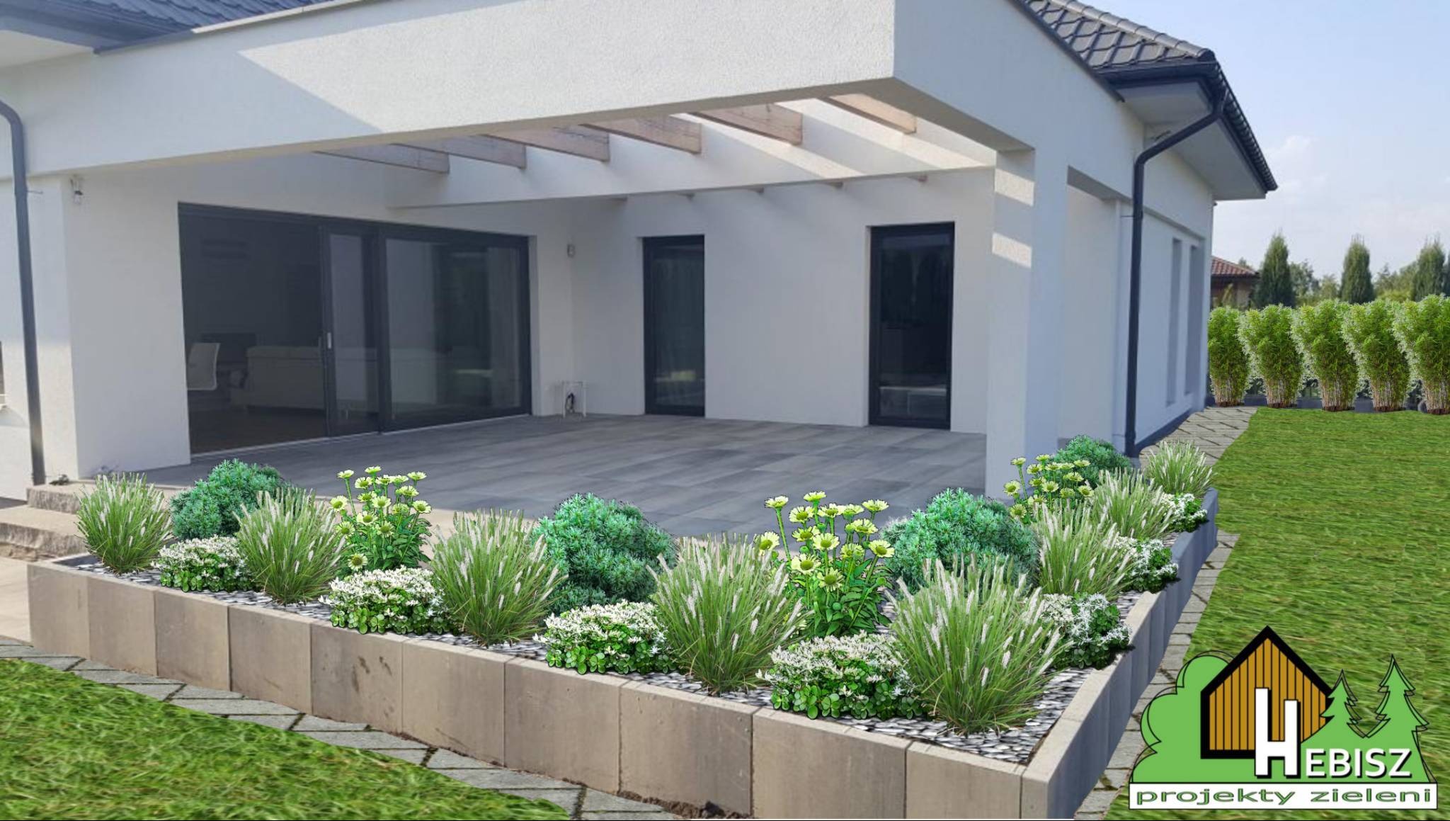 Wizualizacja ogrodu przydomowego z nowoczesnym domem w tle. Rabata z ozdobnymi trawami, zielonymi krzewami i białymi oraz żółtymi kwiatami w betonowej obudowie. Trawa i rząd wysokich drzew...