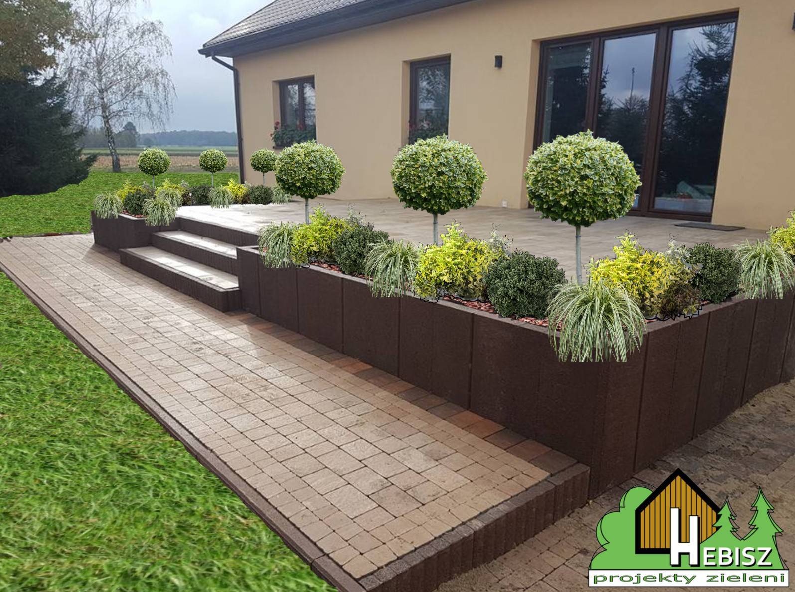 Projekt wizualizacji ogrodu przydomowego z podwyższonymi rabatami w brązowej obudowie, ścieżką z kostki brukowej i kulistymi formami drzew.