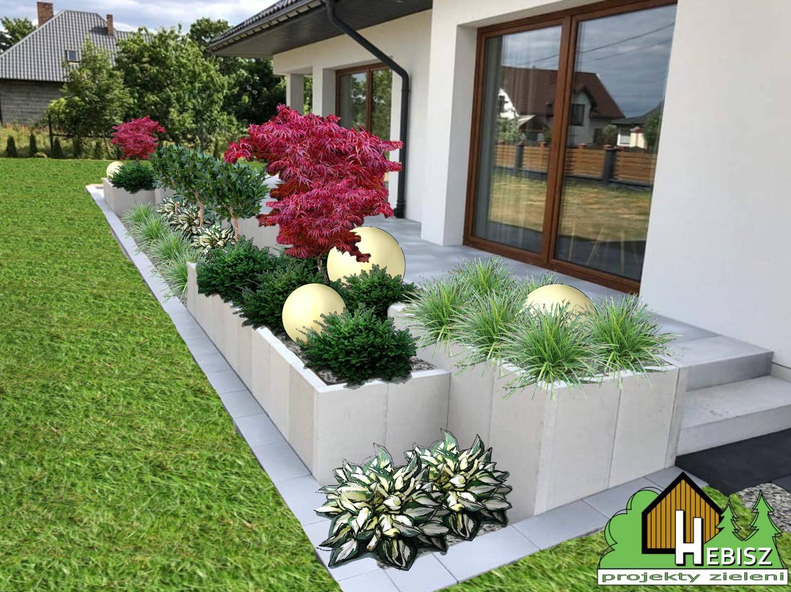 Wizualizacja rabaty przy nowoczesnym domu z podwyższonymi, betonowymi donicami, w których rosną różne gatunki roślin ozdobnych, w tym trawy, krzewy i drzewa o czerwonych liściach, dopełnione...