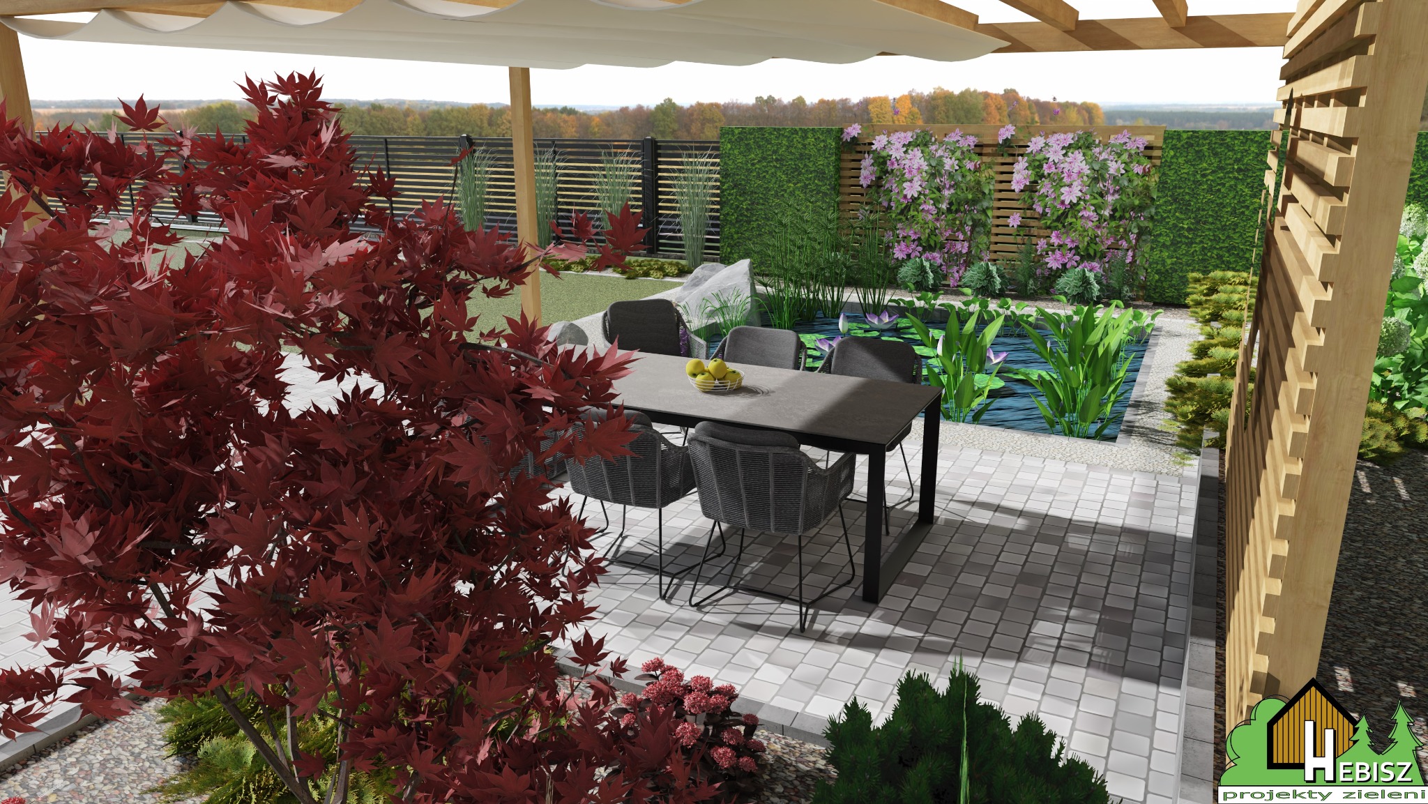 Wizualizacja realistyczna ogrodu z pergolą, stawem z liliami wodnymi i stołem z krzesłami na patio z kostki brukowej, z dominującym czerwonym klonem palmowym na pierwszym planie.