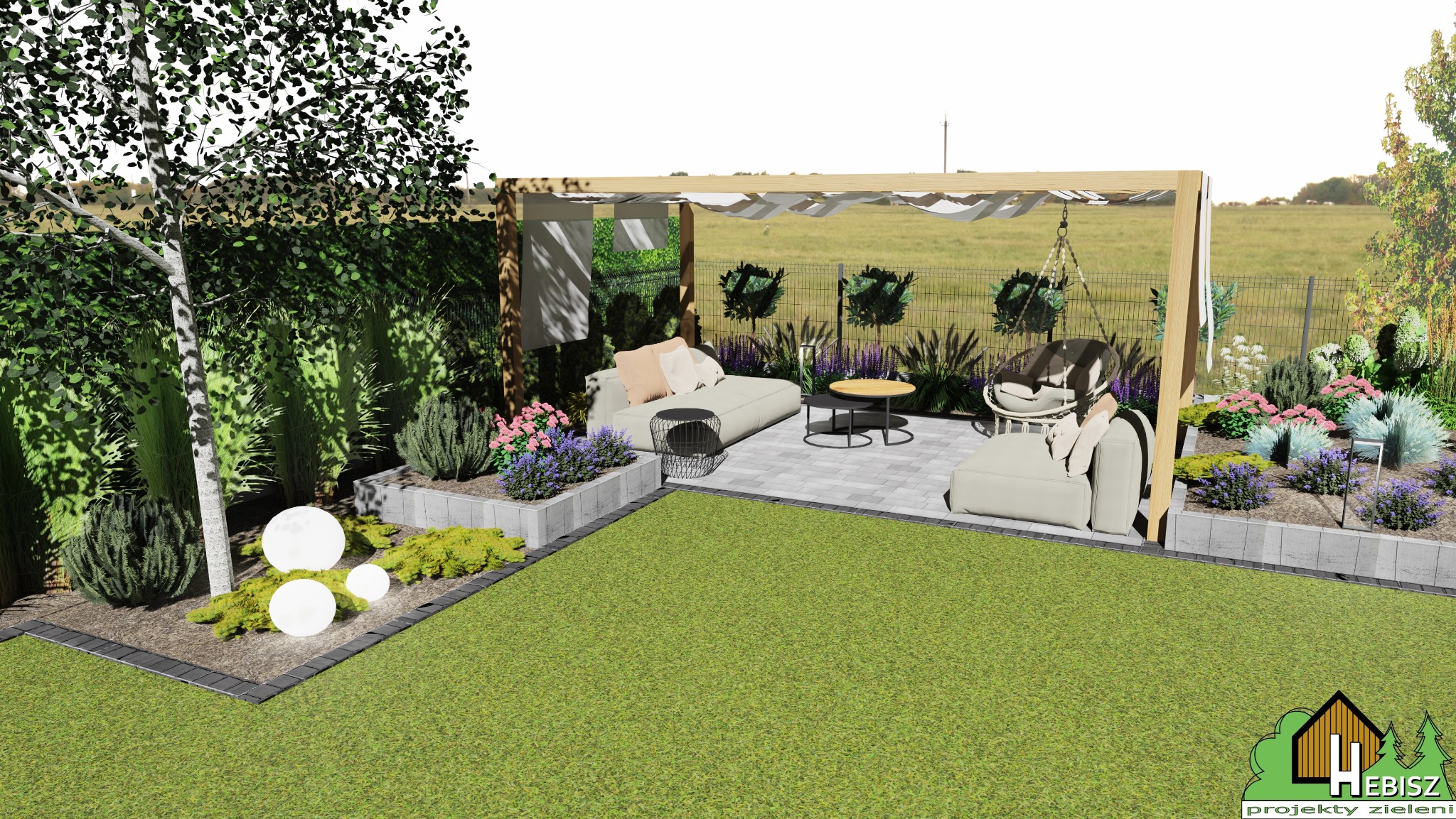 Wizualizacja realistyczna ogrodu z pergolą, meblami wypoczynkowymi i oświetleniem kulistym, z widokiem na łąkę w tle.