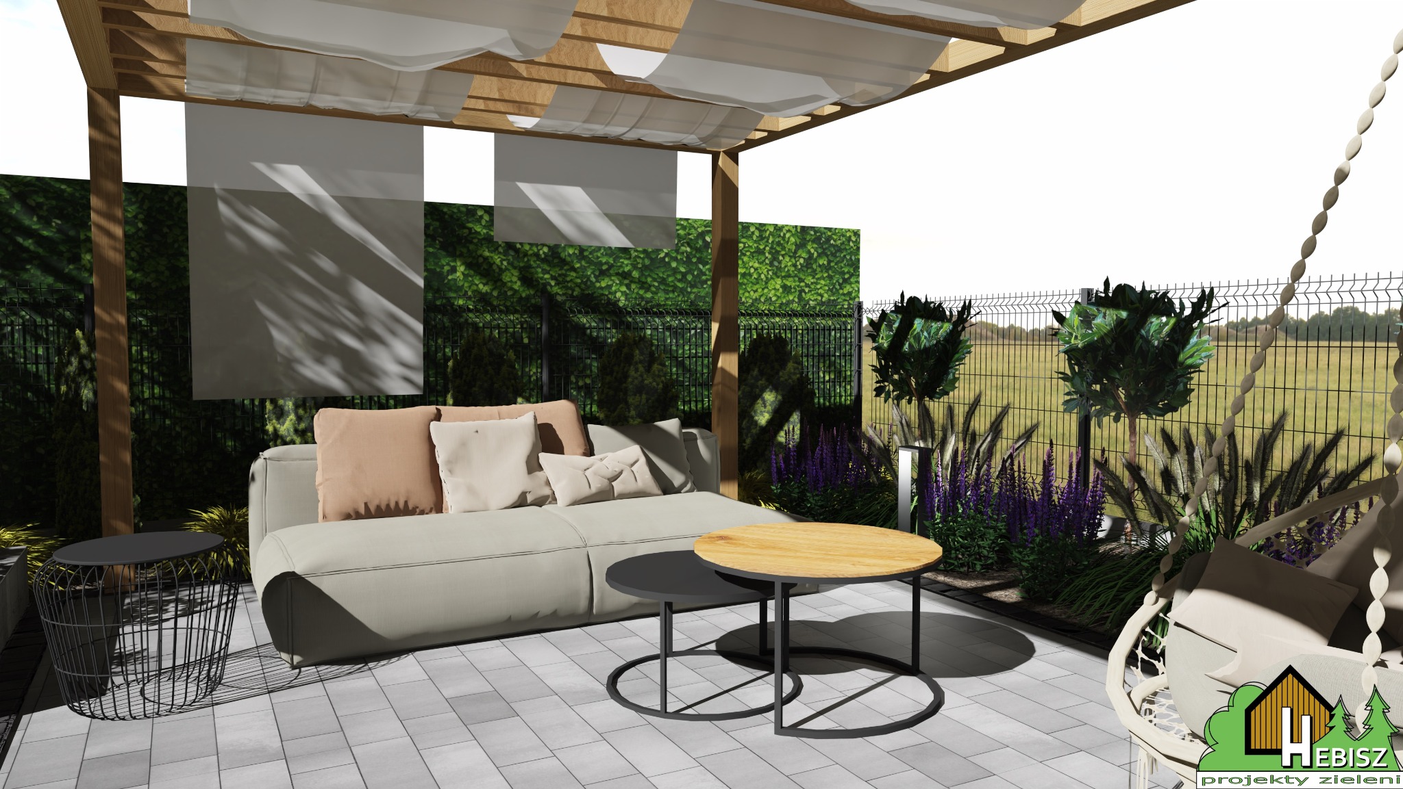 Wizualizacja: Zadaszona pergola z beżową sofą, stolikami kawowymi i wiszącym fotelem na tle zielonego żywopłotu i ozdobnych traw.