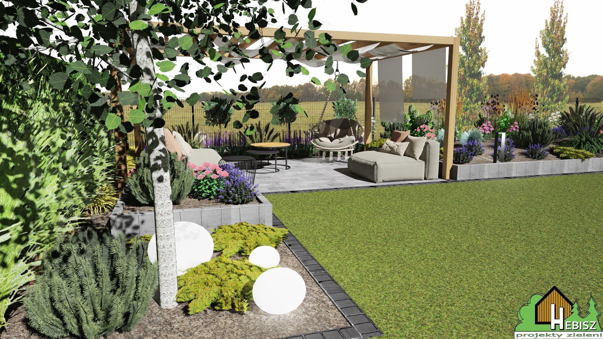 Wizualizacja ogrodu z pergolą, meblami wypoczynkowymi, oświetleniem kulistym i nasadzeniami roślinnymi, widok na zadbany trawnik i ogrodzenie.