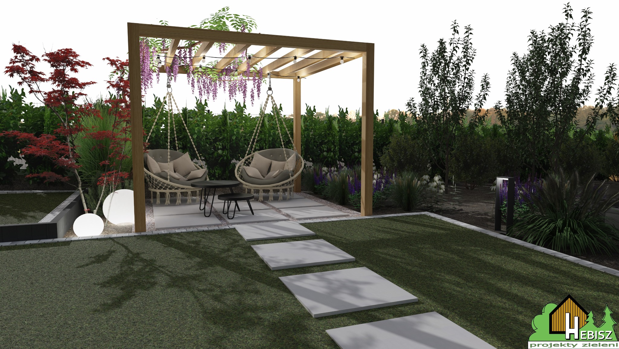 Wizualizacja ogrodu z pergolą obrośniętą wisterią, podwieszanymi fotelami kokonami i ścieżką z płyt betonowych na trawniku.