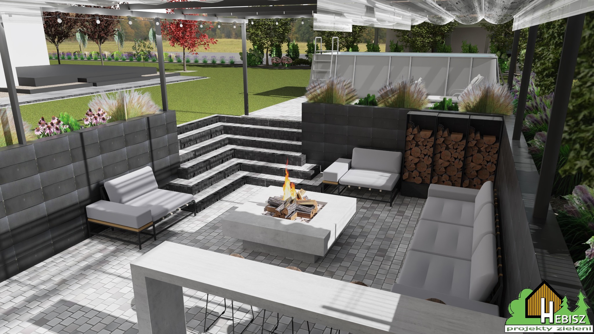 Wizualizacja patio z paleniskiem otoczonym meblami ogrodowymi, schodami prowadzącymi do basenu i ogrodu z drzewami o czerwonych liściach w tle.
