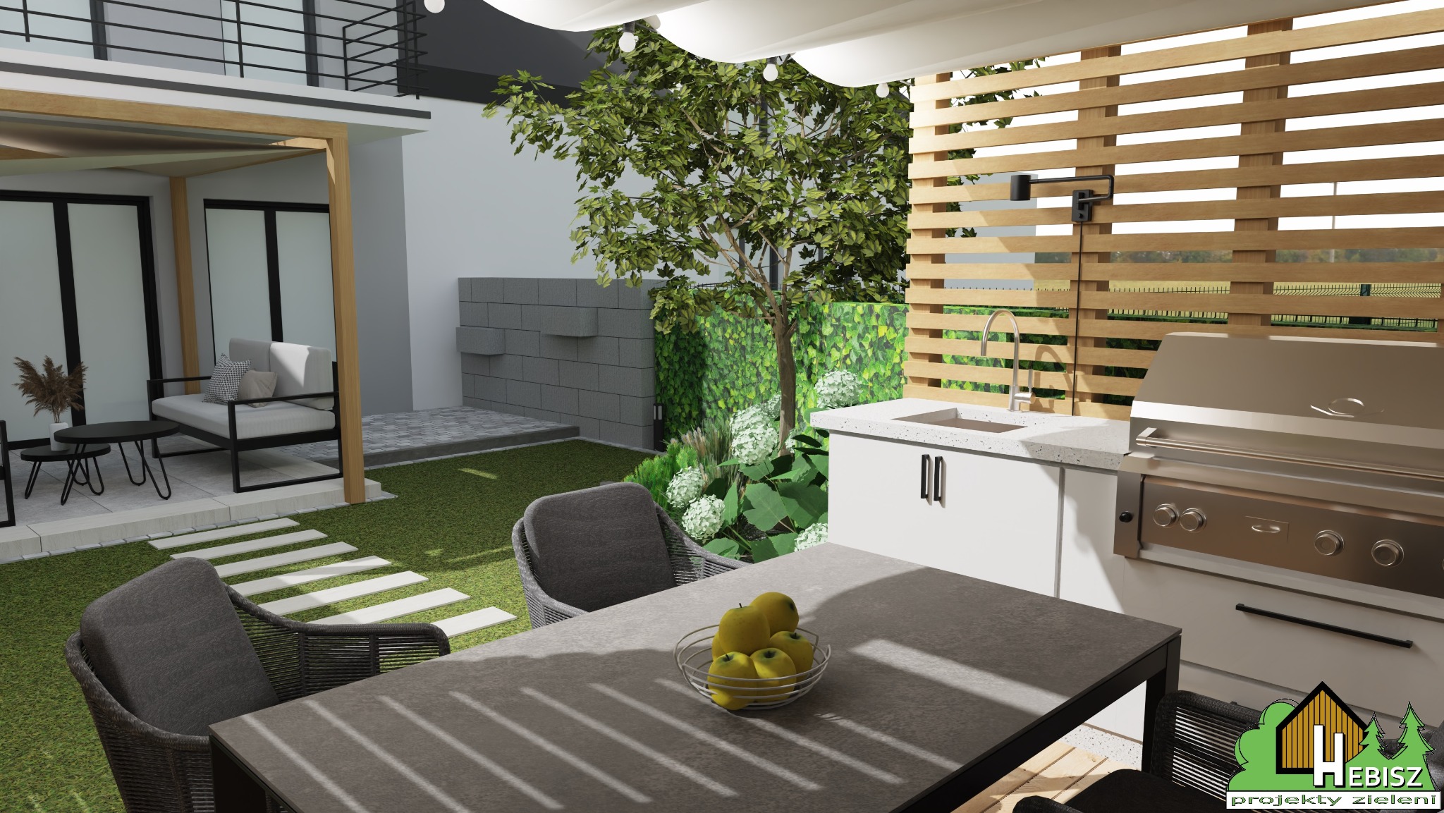 Wizualizacja realistyczna nowoczesnego ogrodu z grillem, stołem jadalnym z owocami, pergolą i zieloną ścianą z roślin.