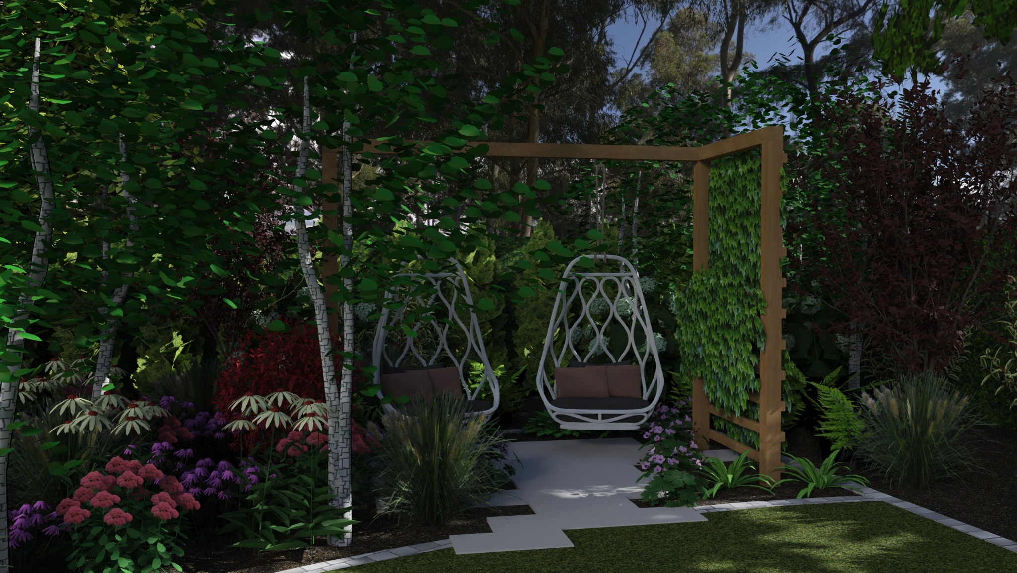 Wizualizacja ogrodu z dwoma wiszącymi fotelami na tle zieleni, drzew i kwiatów. Drewniana konstrukcja porośnięta bluszczem. Ścieżka z płyt prowadzi do foteli.