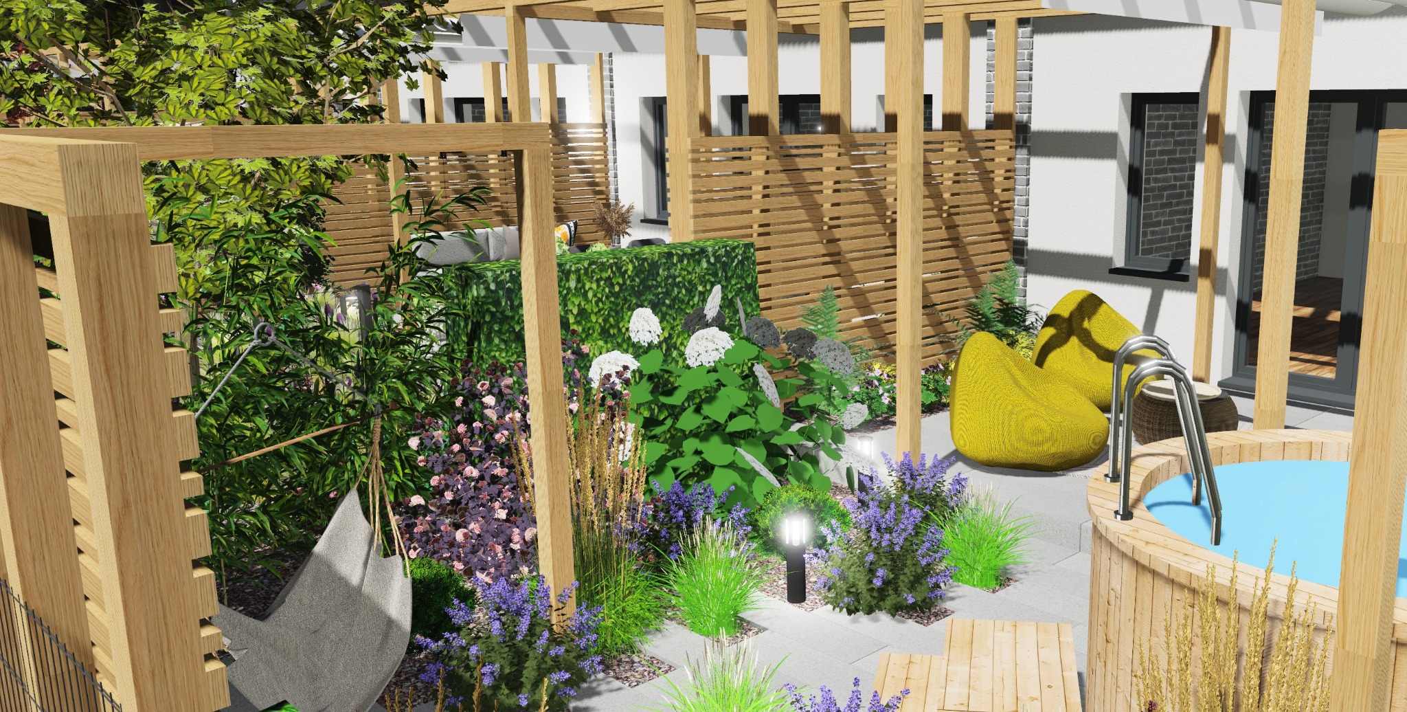 Wizualizacja ogrodu z drewnianą pergolą, huśtawką, roślinami, oświetleniem i jacuzzi. Dwa żółte pufy dodają koloru. Nowoczesny design z elementami naturalnymi.