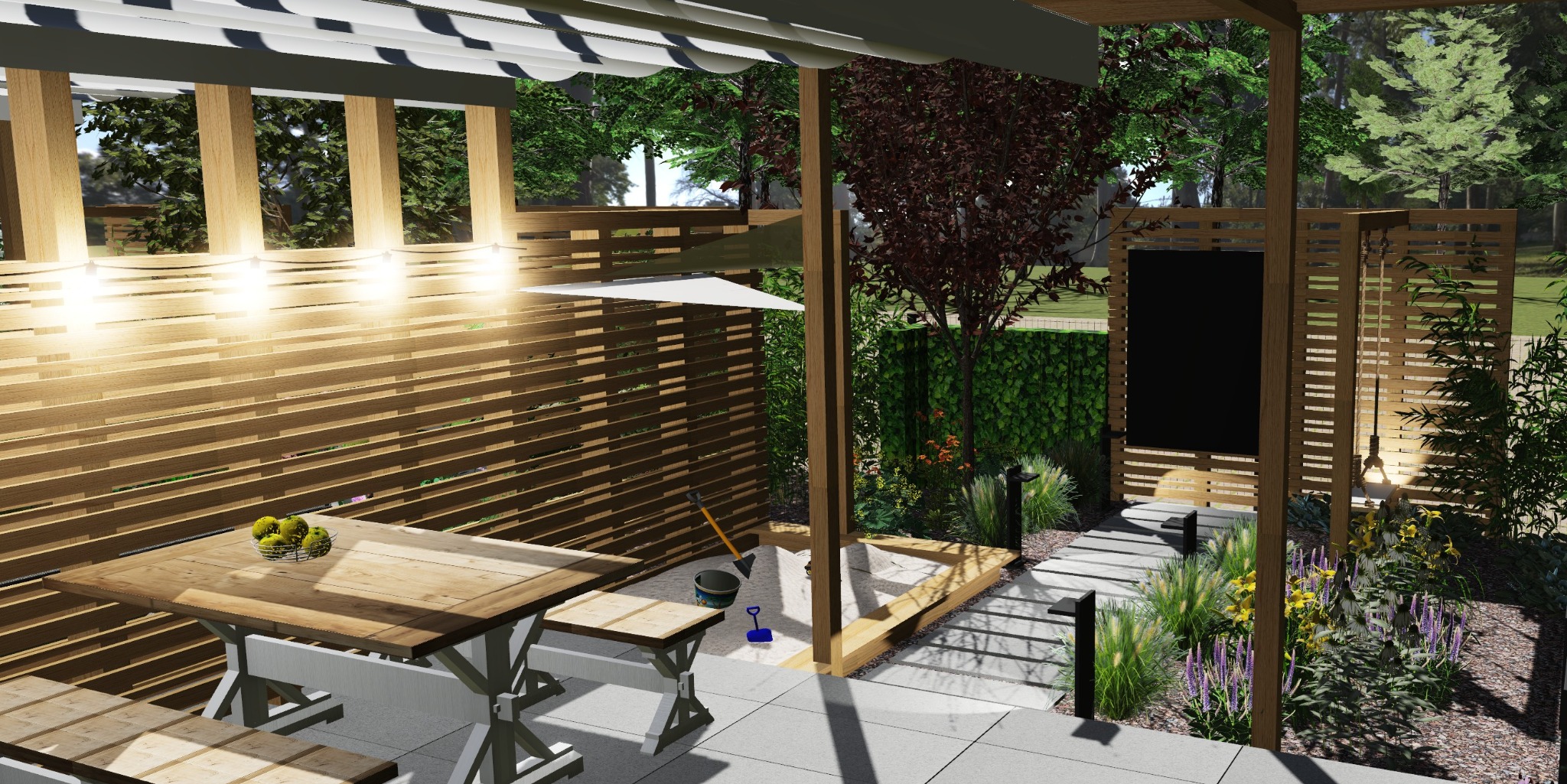 Wizualizacja zadaszonej przestrzeni ogrodowej z drewnianą pergolą, stołem piknikowym, piaskownicą i ścieżką z płyt. Oświetlenie dekoracyjne i zieleń tworzą przytulny klimat.
