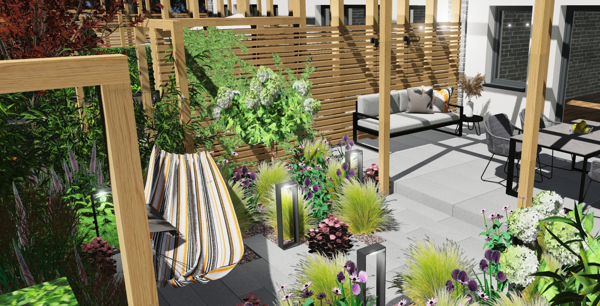 Wizualizacja ogrodu z drewnianą pergolą, huśtawką w paski i nowoczesnym oświetleniem. Na tarasie meble ogrodowe i dekoracyjne rośliny.