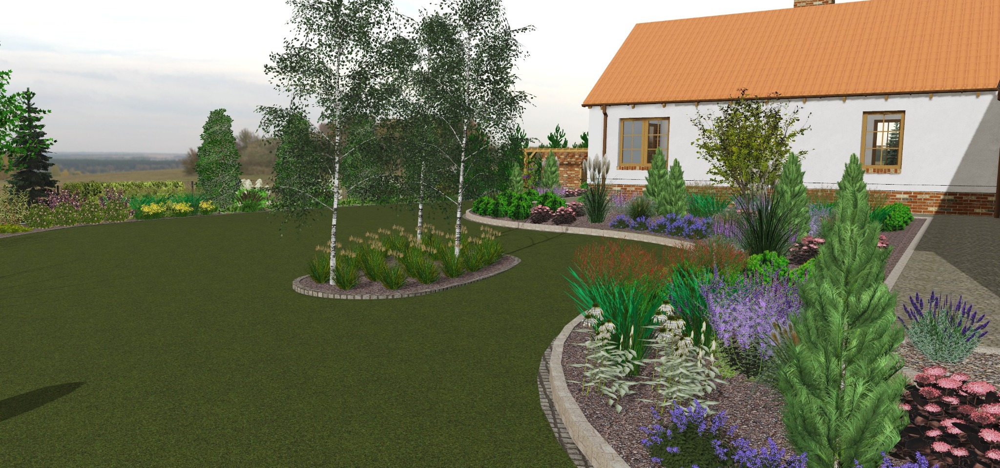 Wizualizacja ogrodu z białym domem w tle. Krzewy, trawy ozdobne i drzewa tworzą harmonijną kompozycję. Ścieżka z kostki prowadzi przez zadbany trawnik.