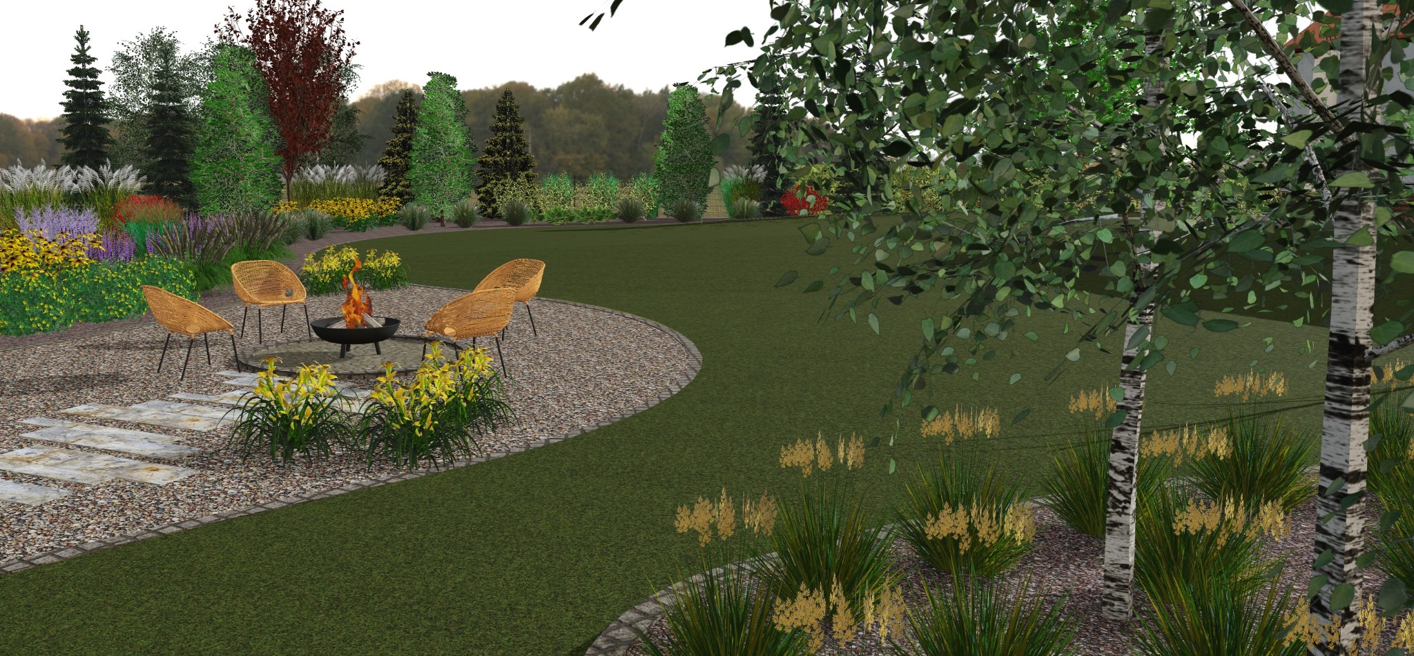 Wizualizacja ogrodu z paleniskiem otoczonym krzesłami, ścieżką z kamieni i różnorodną roślinnością, w tym brzozami i kwitnącymi bylinami. Projekt uwzględnia strefę relaksu.