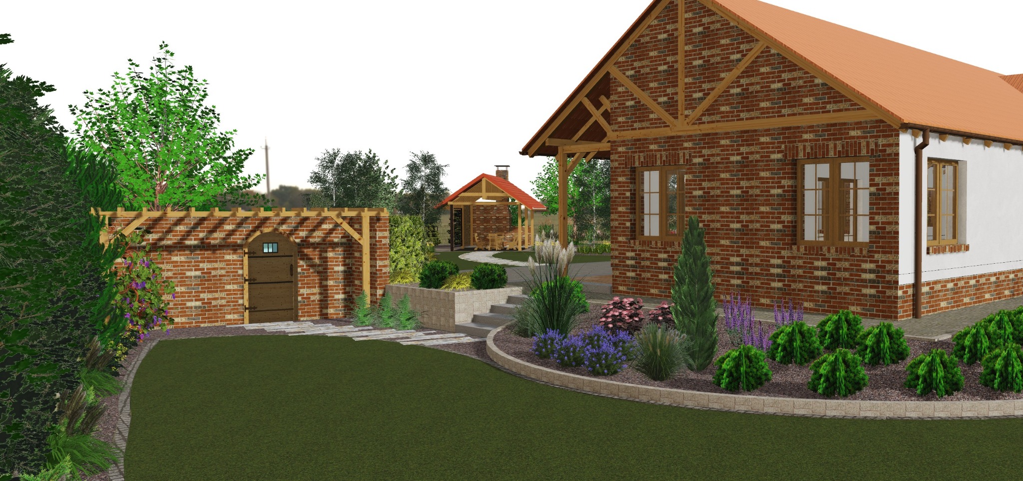 Wizualizacja ogrodu z ceglanym budynkiem gospodarczym z drewnianą pergolą, altaną w tle i rabatami kwiatowymi przy domu z cegły. Projekt ogrodu.