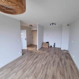 ARTDEK A.HASPARIAN B.BONDARCHUK A.KUCEWICZ SPÓŁKA CYWILNA - Wnętrze mieszkania po remoncie: świeżo pomalowane szare ściany, ułożona podłoga z paneli imitujących drewno, widoczna lampa z wikliny, drzwi wewnętrzne i wejściowe.