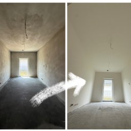 KRAFBAU - usługi budowlano-remontowe - Pokój przed i po malowaniu: surowe ściany z gładzią kontra świeżo pomalowane na biało. Widoczna strzałka wskazująca na metamorfozę wnętrza, z naciskiem na wykończenie ścian.
