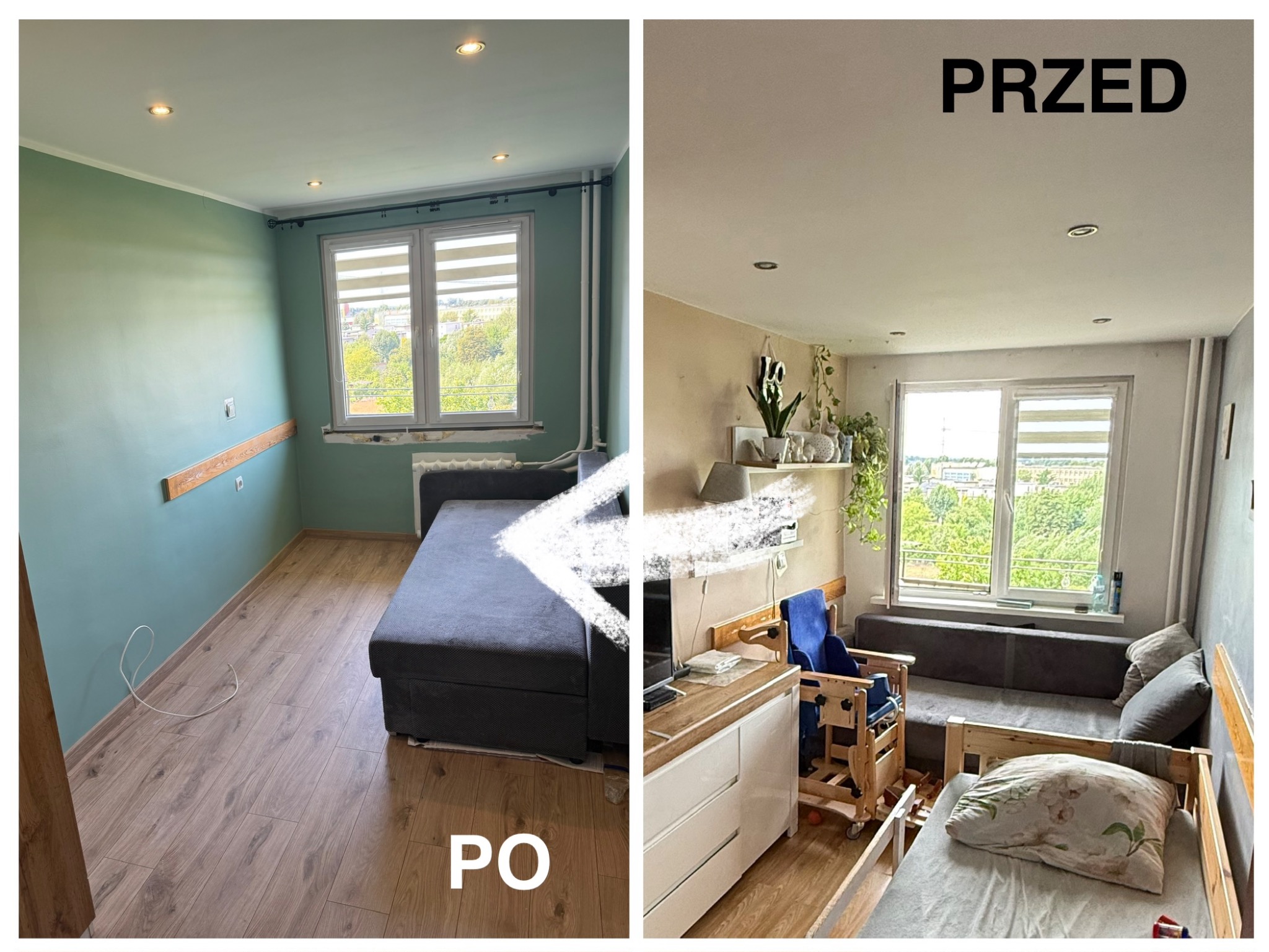 Zdjęcie 'przed i po' prezentujące odnowione wnętrze pokoju. Ściany po remoncie pomalowane na turkusowo, wymieniona podłoga. Widoczne okno z roletami i część sofy.