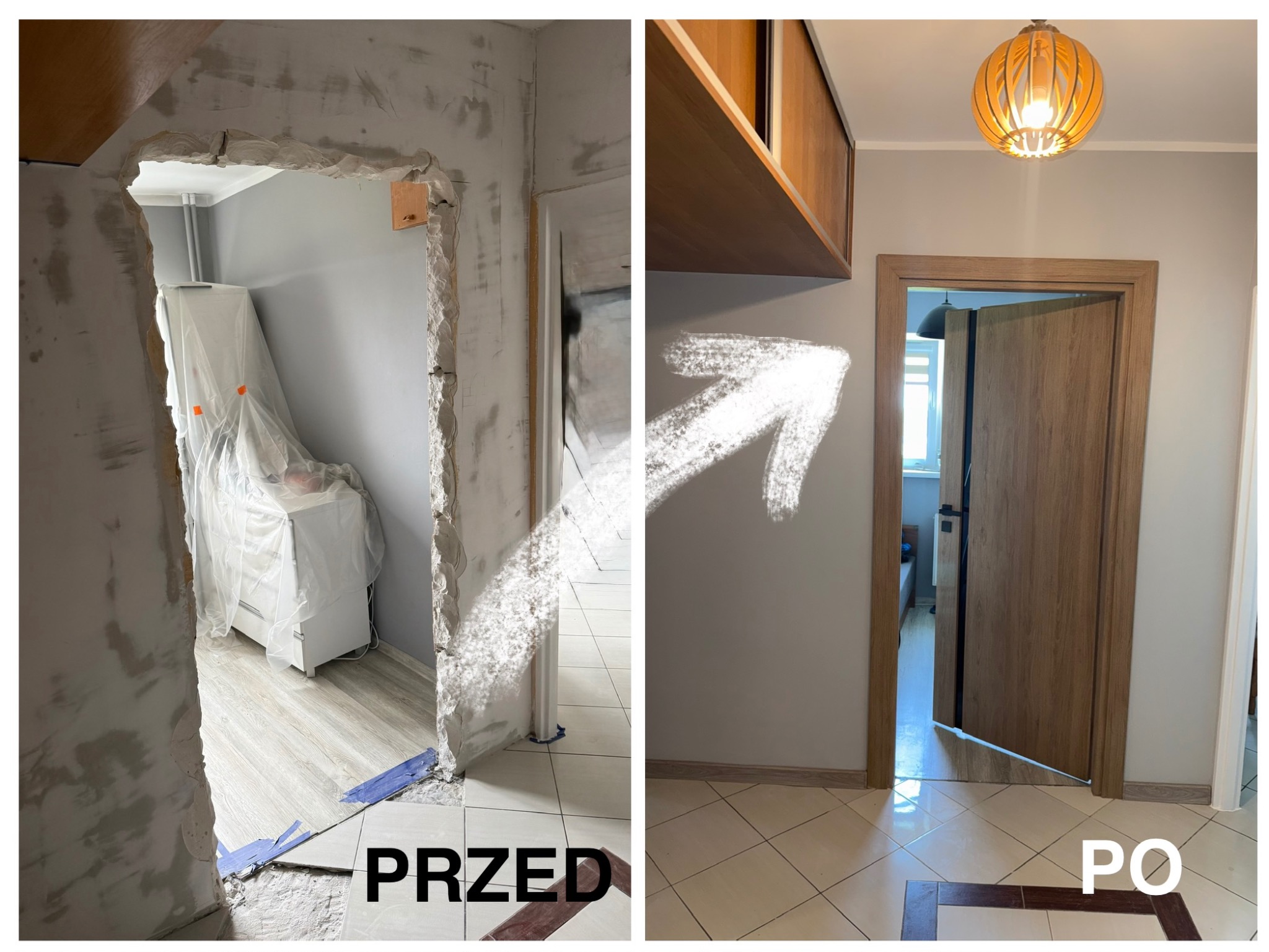 Remont korytarza: porównanie stanu przed i po wymianie ościeżnicy i drzwi. Widoczne wykończone ściany, nowa futryna i drzwi w odcieniach drewna.