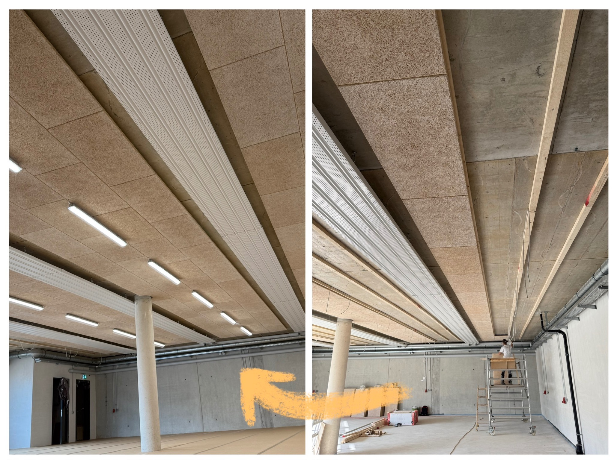 Montaż sufitu z paneli drewnopodobnych i listew perforowanych, widok przed i w trakcie prac. Na drugim planie pracownik na rusztowaniu.
