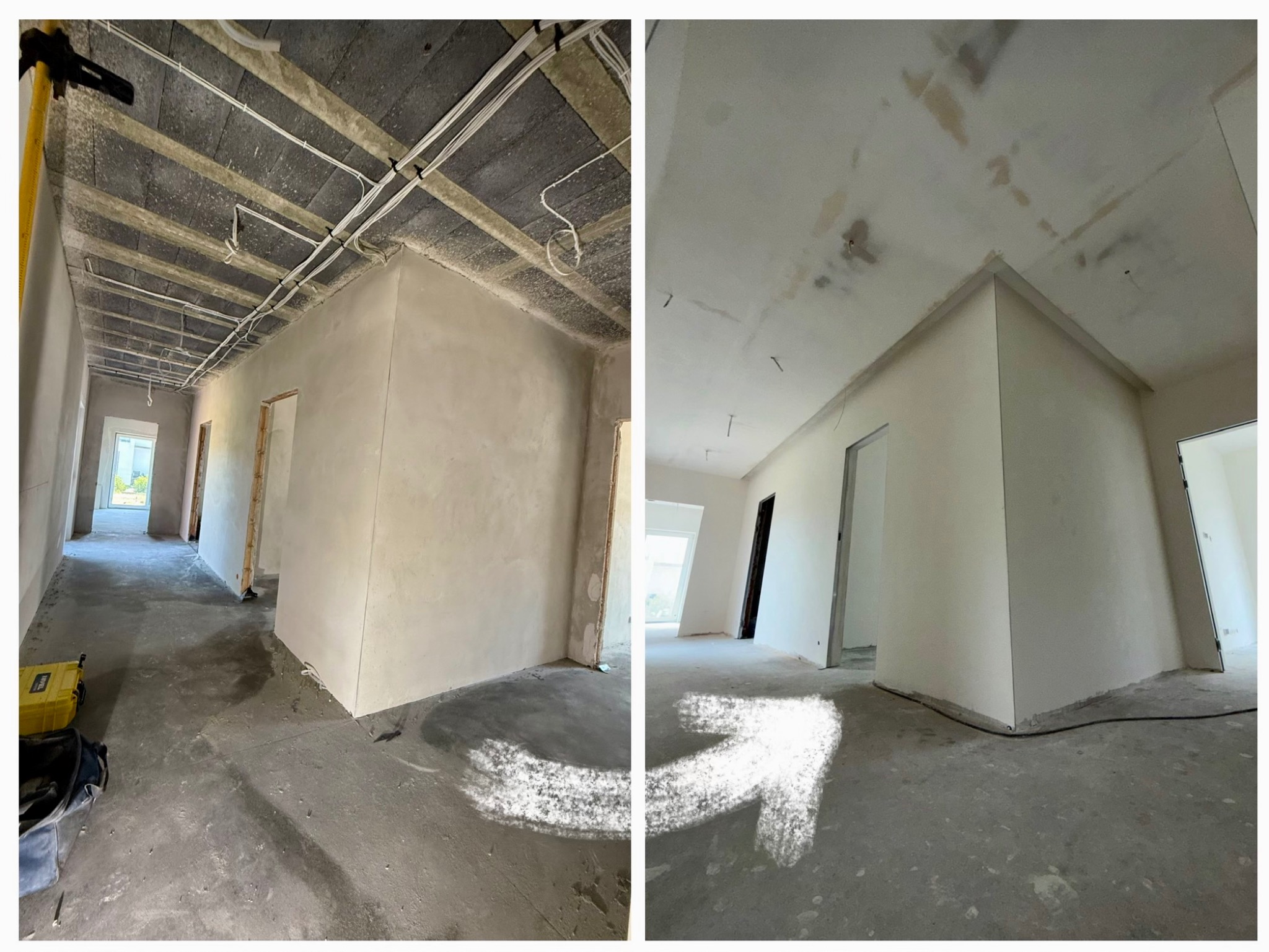 Zdjęcie 'przed i po' przedstawia korytarz w trakcie prac wykończeniowych. Po lewej ściany po szpachlowaniu, po prawej pomalowane na biało. Widoczne instalacje pod sufitem.