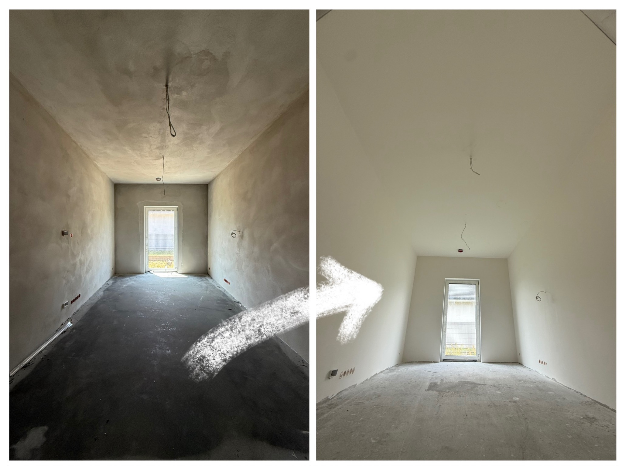 Pokój przed i po malowaniu: surowe ściany z gładzią kontra świeżo pomalowane na biało. Widoczna strzałka wskazująca na metamorfozę wnętrza, z naciskiem na wykończenie ścian.