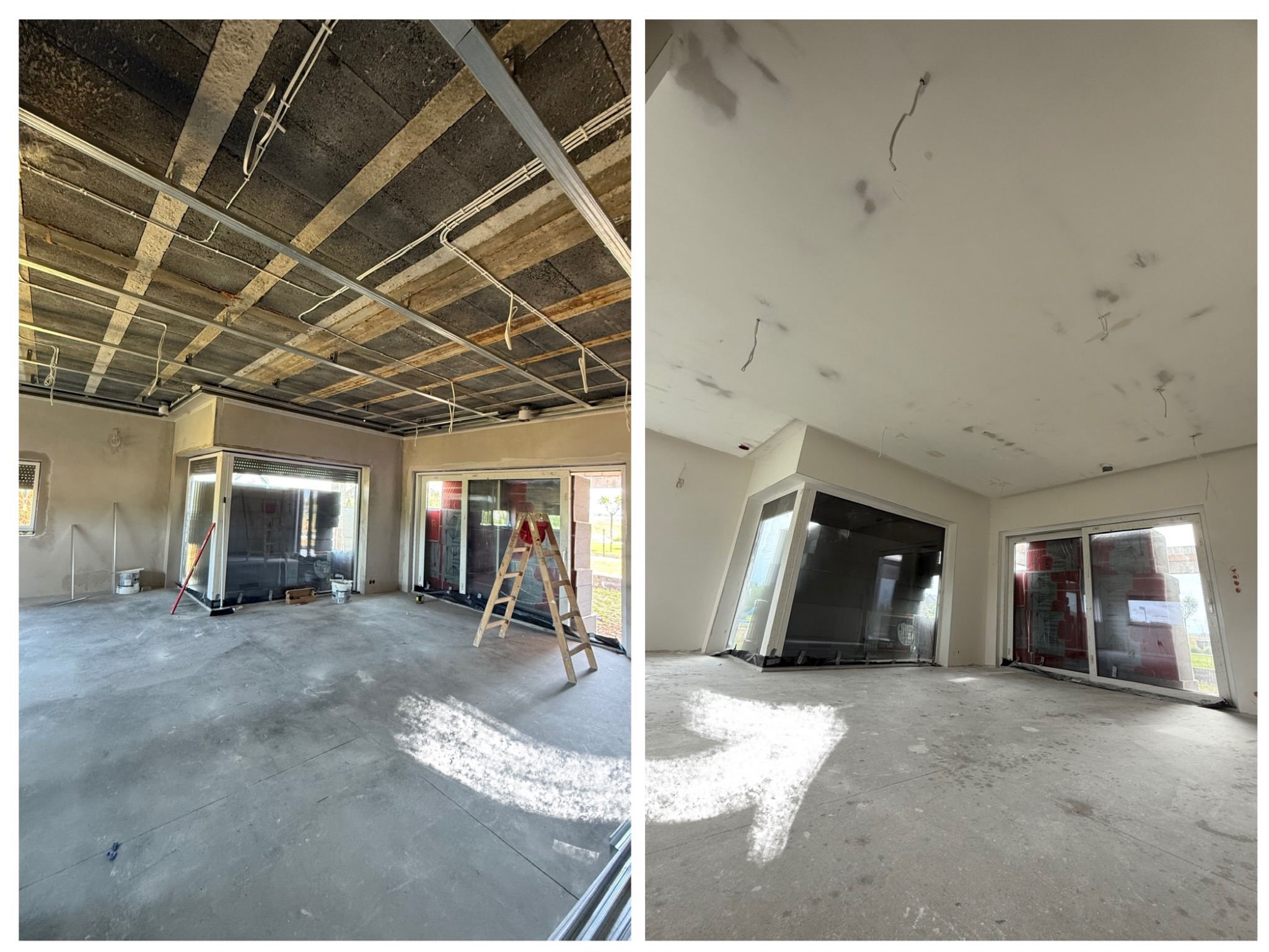 Porównanie stanu surowego i wykończonego wnętrza: sufit z odsłoniętą konstrukcją vs. gładki, biały sufit. Widoczne okna i drzwi przesuwne w obu ujęciach.