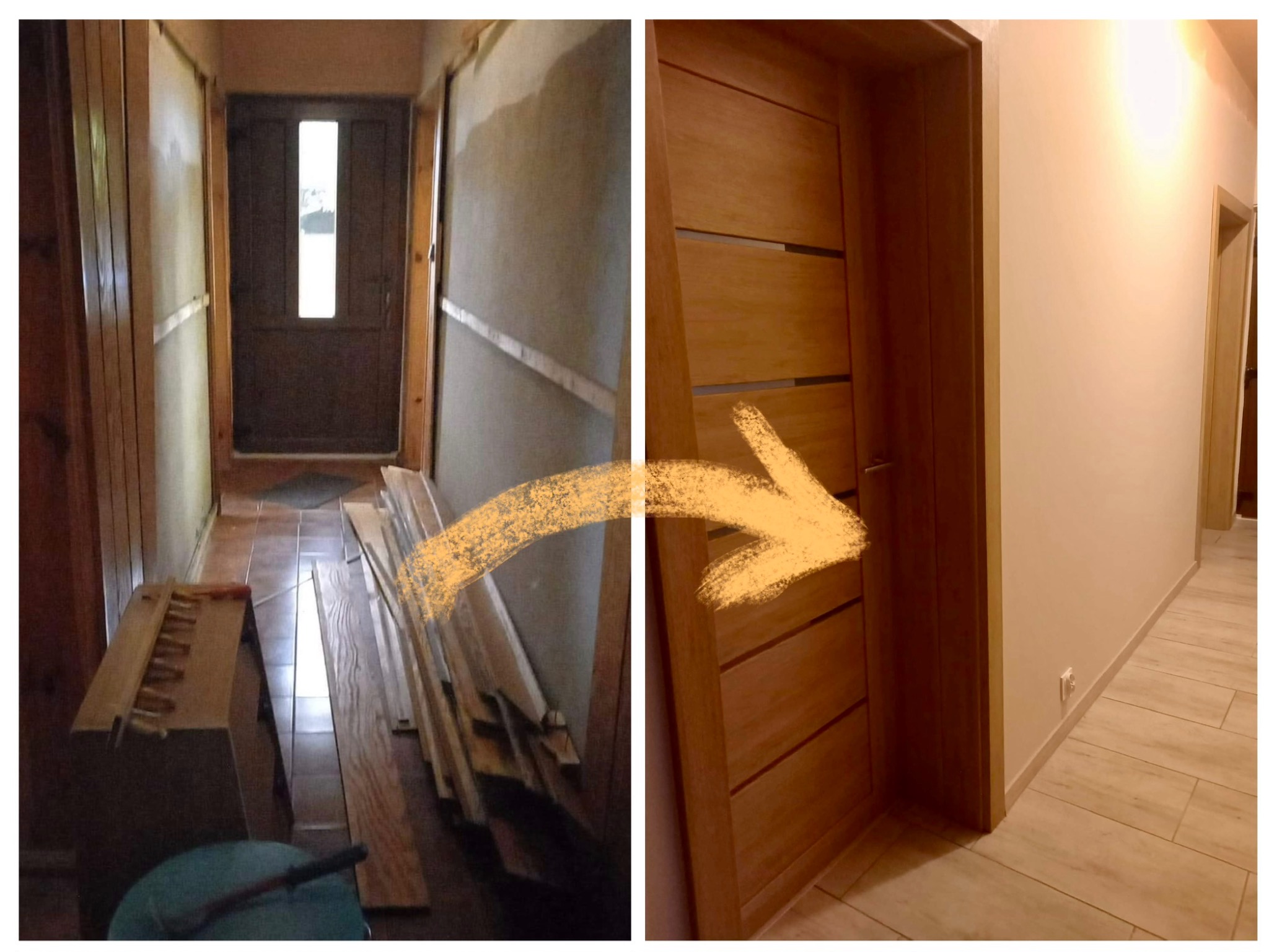 Remont korytarza: porównanie stanu przed i po. Po lewej surowe ściany, po prawej gładkie, pomalowane na biało, z nowymi drzwiami. Strzałka wskazuje kierunek zmian.