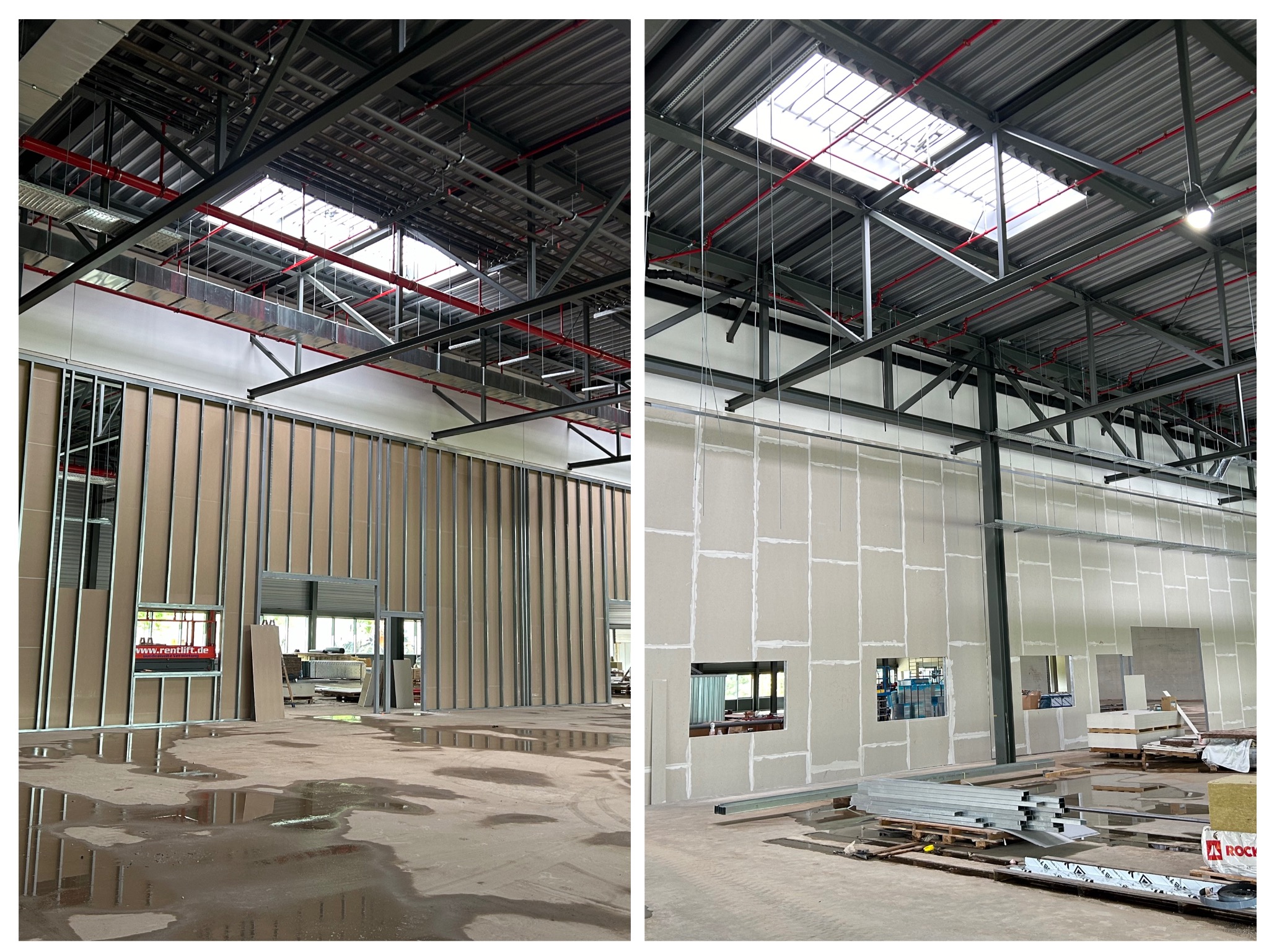 Duże pomieszczenie w trakcie montażu ścian działowych z płyt gipsowo-kartonowych. Widoczne metalowe profile i częściowo zamontowane płyty. Stan surowy, przed wykończeniem.