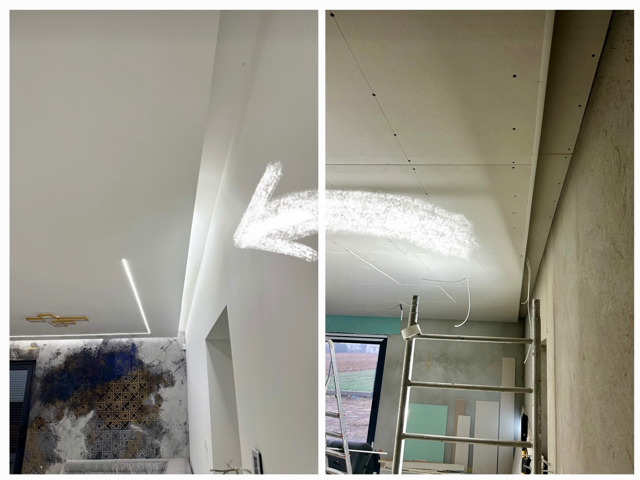 Zdjęcie 'przed i po' przedstawia montaż sufitu podwieszanego z płyt gipsowo-kartonowych. Po lewej wykończony sufit z oświetleniem LED, po prawej surowa konstrukcja na rusztowaniu.