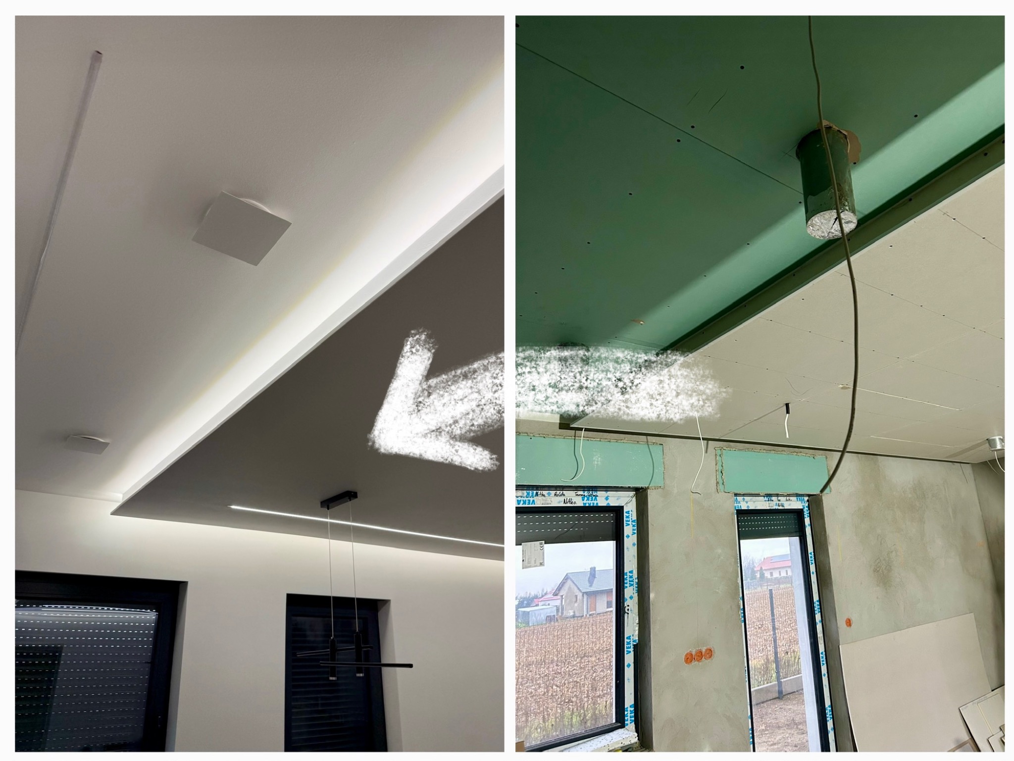 Porównanie sufitu: wykończony z oświetleniem LED i gładzią vs. surowy z płytami gips-karton i instalacją. Widoczne okna i elementy wykończeniowe.