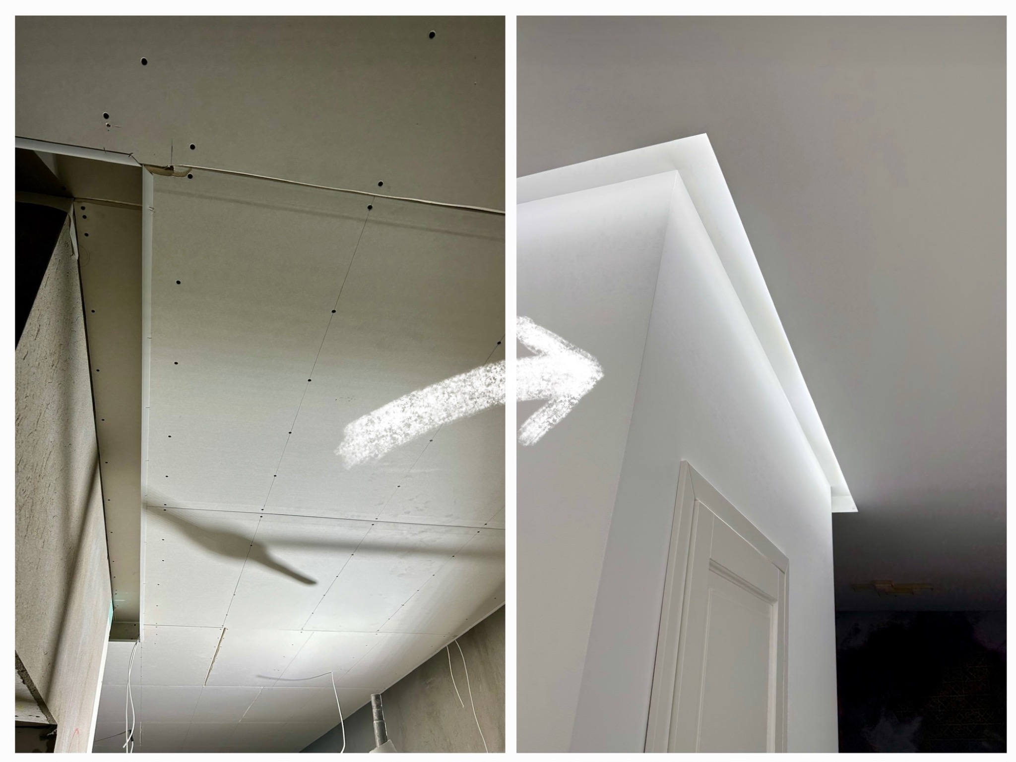 Porównanie sufitu: surowa płyta gipsowa vs. wykończony sufit z oświetleniem LED. Strzałka wskazuje na transformację. Detal wykończenia i oświetlenia.