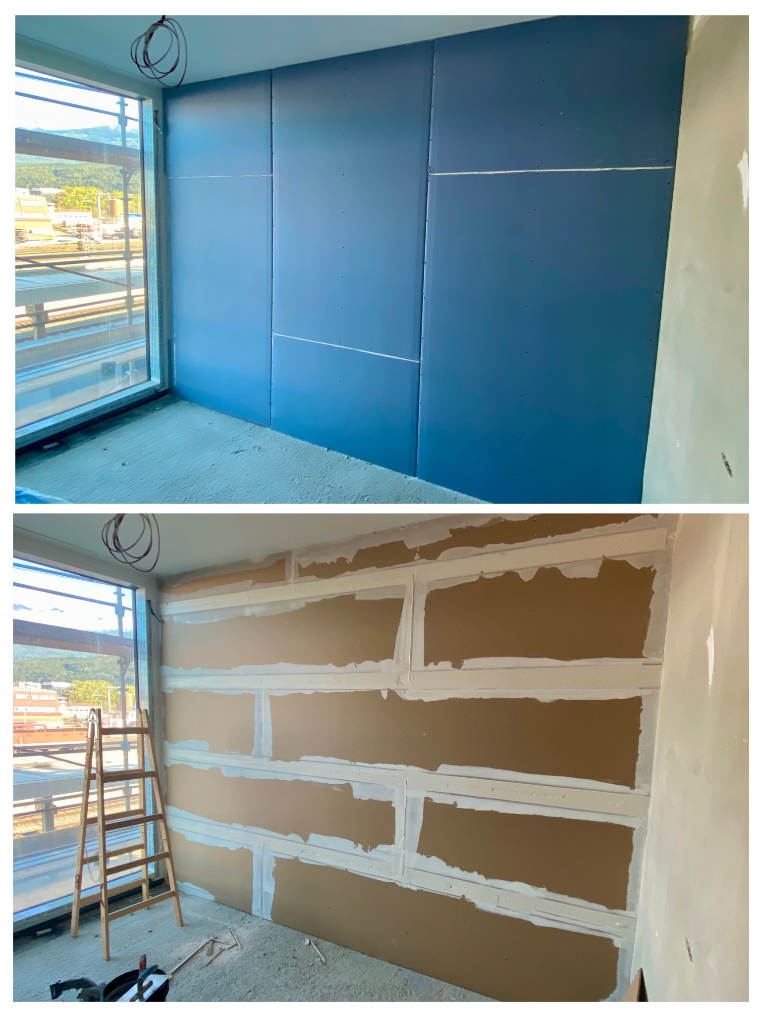 Zdjęcie 'przed i po' przedstawia montaż płyt karton-gips na ścianie w pomieszczeniu z dużym oknem. Na dolnym zdjęciu widoczna drabina i narzędzia.