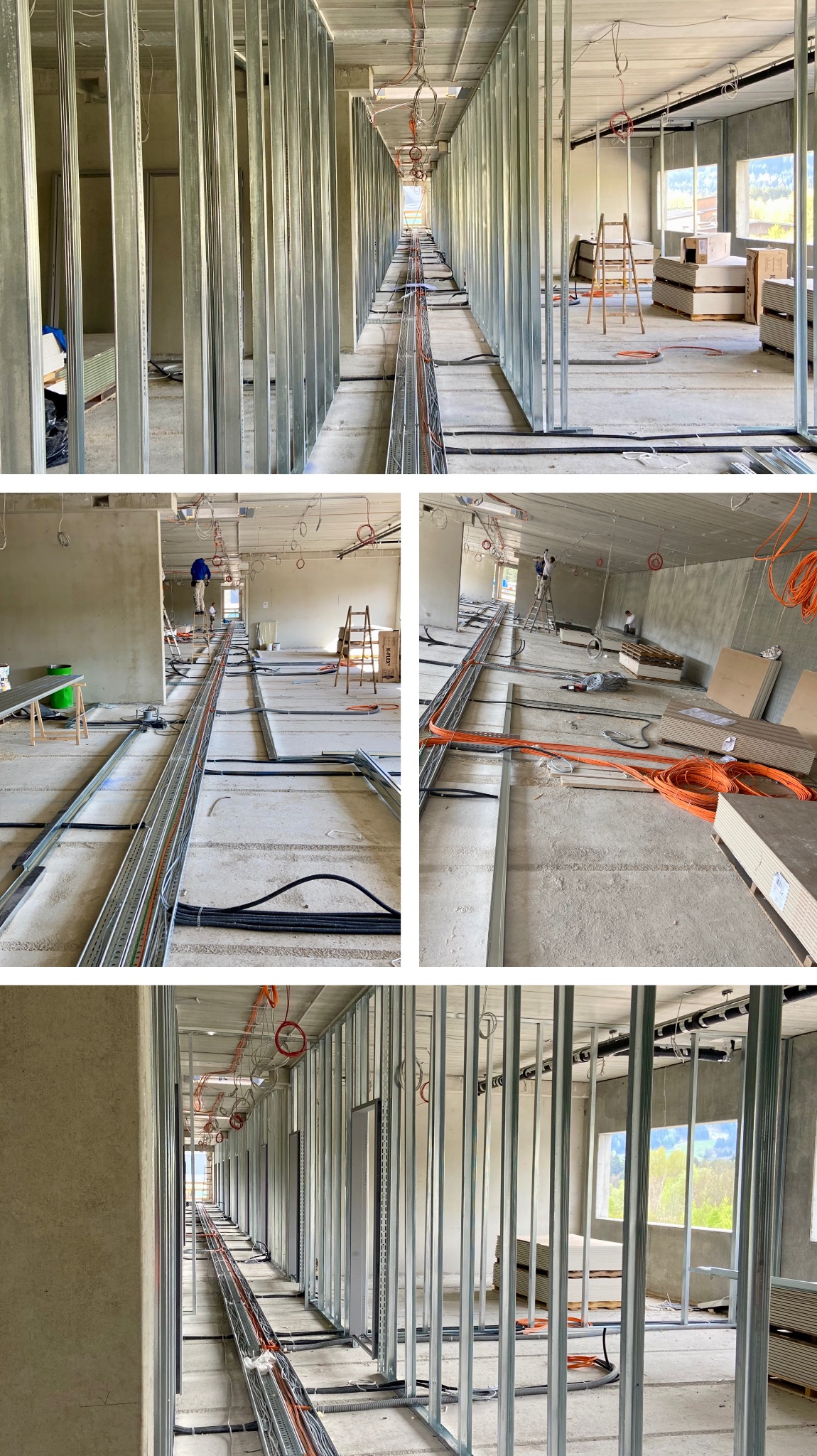 Korytarz w trakcie montażu ścian działowych z metalowych profili. Widoczne kable i instalacje. Surowy stan wykończenia, przygotowanie do dalszych prac.