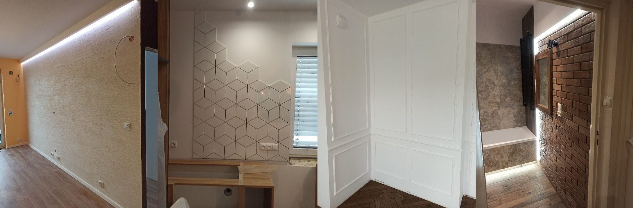 Mozaika sześcienna na ścianie, biała boazeria z panelami, dekoracyjna cegła w łazience, różne style wykończenia wnętrz.