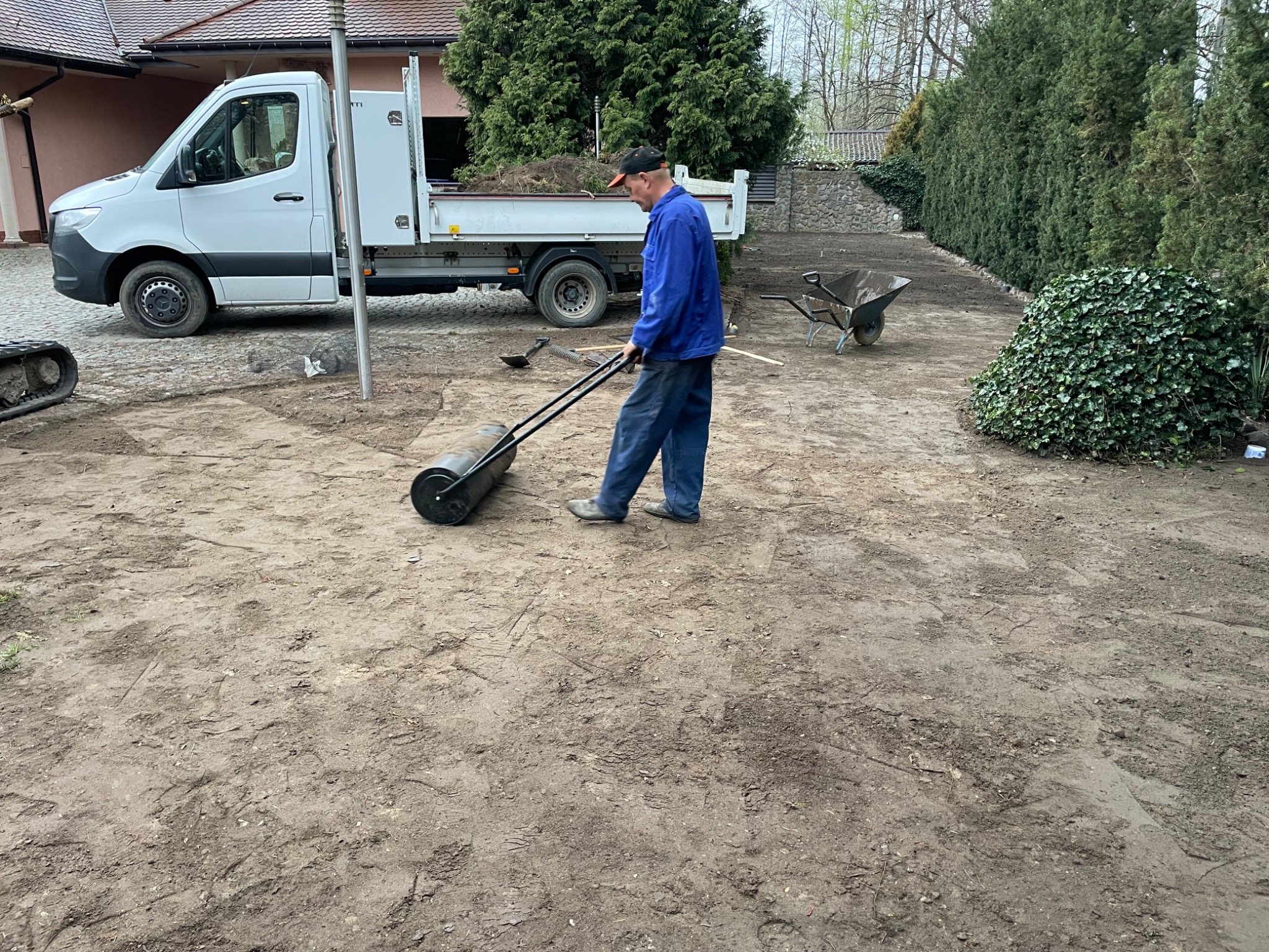Pracownik wyrównuje teren walcem ogrodowym przed ułożeniem trawy. W tle biała ciężarówka z ziemią i taczka. Wokół rosną tuje i krzewy.