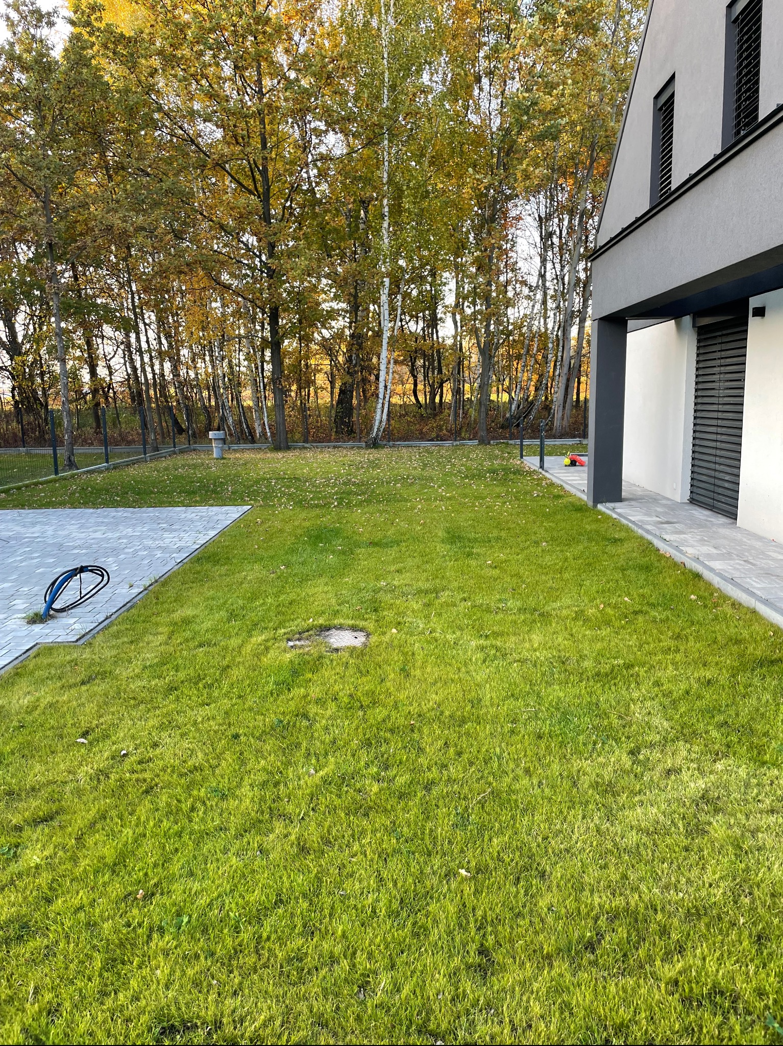 Nowoczesny dom z zadbanym trawnikiem z rolki, widoczne przyłącze kablowe i jesienne drzewa w tle. Estetyczne zagospodarowanie przestrzeni.