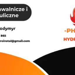 Wizytówka firmy oferującej prace spawalnicze i hydrauliczne, z logiem przedstawiającym feniksa, danymi kontaktowymi i imieniem oraz nazwiskiem Voronov Volodymyr.