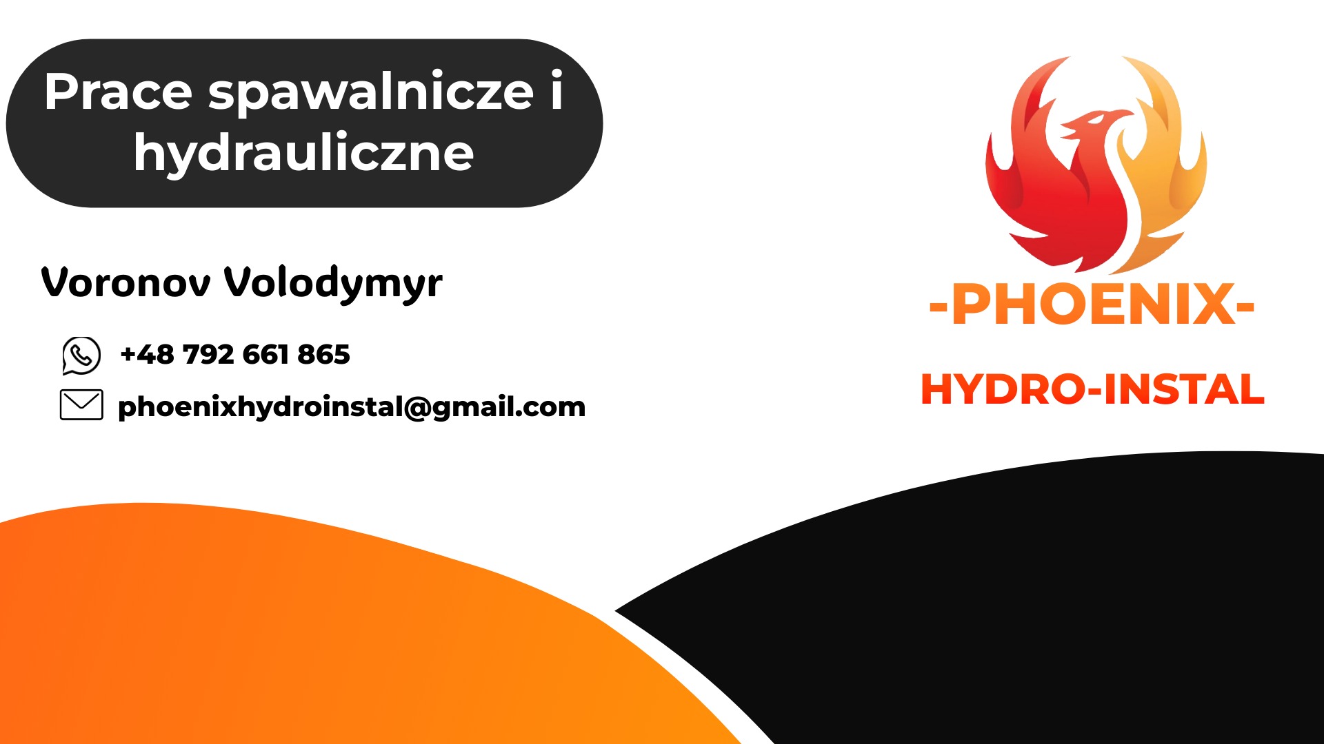 Wizytówka firmy oferującej prace spawalnicze i hydrauliczne, z logiem przedstawiającym feniksa, danymi kontaktowymi i imieniem oraz nazwiskiem Voronov Volodymyr.