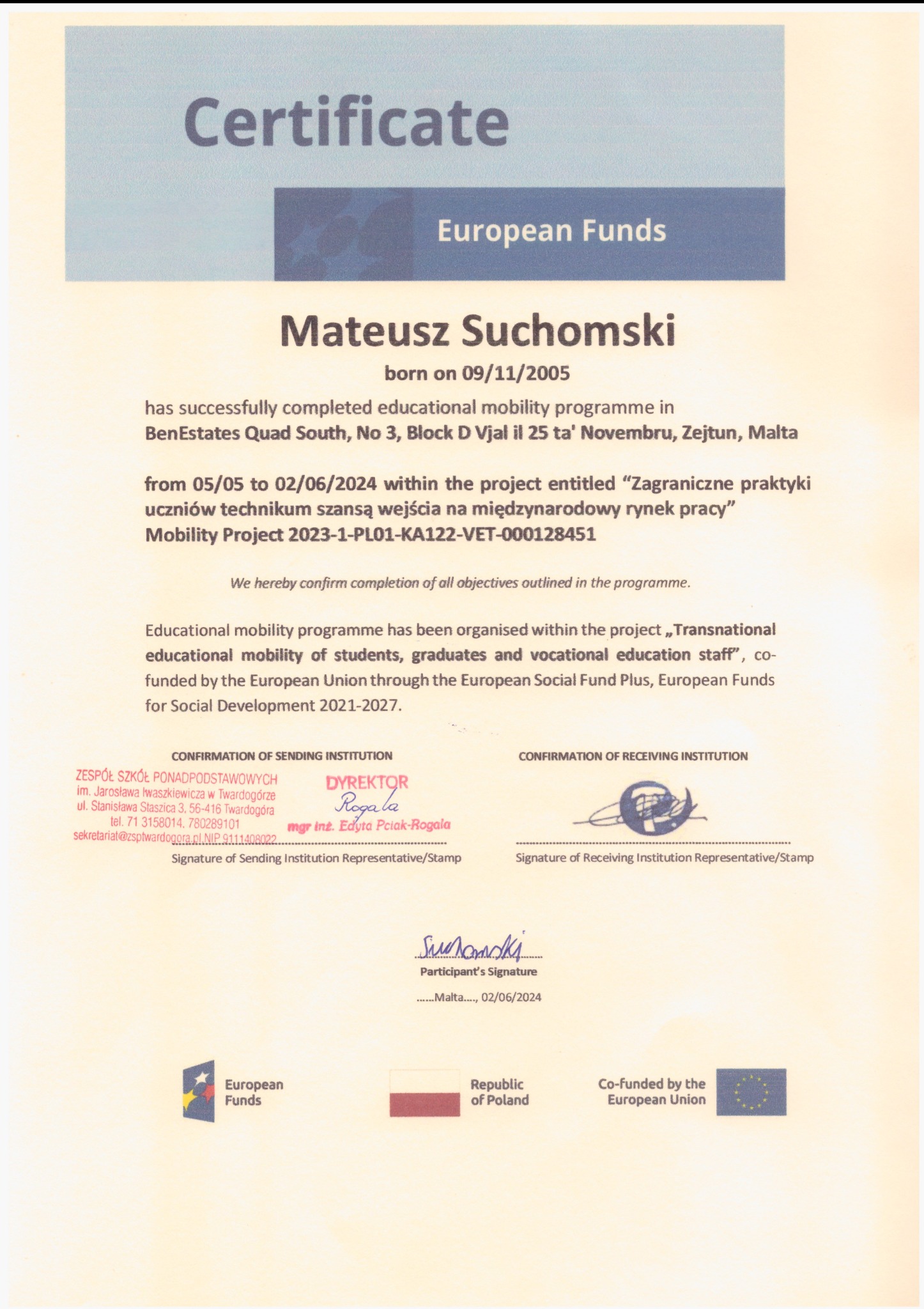 Europejski Certyfikat za ukończone praktyki i staż na Malcie.