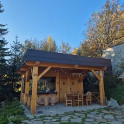 Drewniana altana z płaskim dachem i oświetleniem sznurkowym, otoczona drzewami i kamienną ścieżką z rosnącą trawą, widok na błękitne niebo.