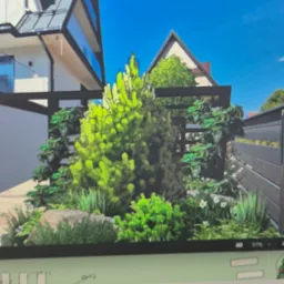 Wizualizacja zagospodarowania przestrzeni przed domem z użyciem roślinności: iglak o jasnozielonych igłach, pnącza na drewnianej pergoli, trawy ozdobne i niskie krzewy, na tle nowoczesnej...