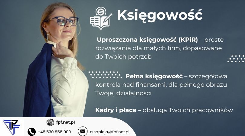 Profesjonalny wizerunek kobiety w okularach, z marynarką na ramieniu, na tle slajdu prezentującego usługi księgowe: uproszczona i pełna księgowość, kadry i płace.