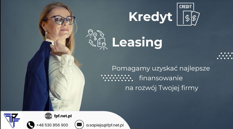 Grafika reklamowa z uśmiechniętą kobietą w okularach, prezentująca ofertę kredytu i leasingu dla firm, z logo firmy i danymi kontaktowymi na szarym tle.