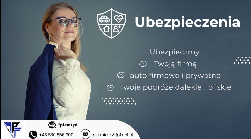Kobieta w okularach i białej koszuli, trzymająca marynarkę na ramieniu, obok grafika z napisem 'Ubezpieczenia' i listą rodzajów ubezpieczeń: firmowe, samochodowe, podróżne.