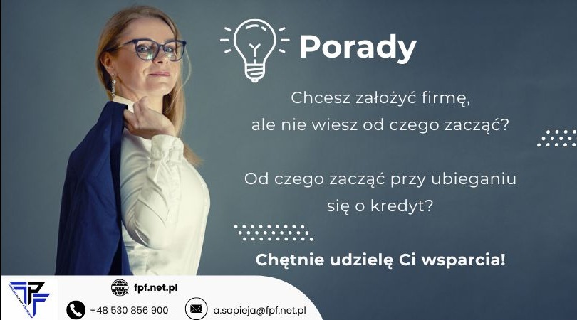 Kobieta w okularach trzymająca marynarkę, obok grafika z żarówką i napisy 'Porady', 'Chcesz założyć firmę, ale nie wiesz od czego zacząć?', 'Od czego zacząć przy ubieganiu się o kredyt?', 'Chętnie...