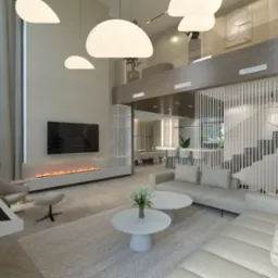 Przestronny salon z antresolą, jasnymi meblami i dekoracyjnymi lampami w kształcie chmur, z widocznym fortepianem i kominkiem elektrycznym.