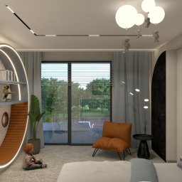 TK design Tomasz Kurpas - Pokój dziecięcy z łóżkiem, fotelem, regałem w kształcie rakiety z oświetleniem LED, oraz lampą sufitową z figurkami astronautów.